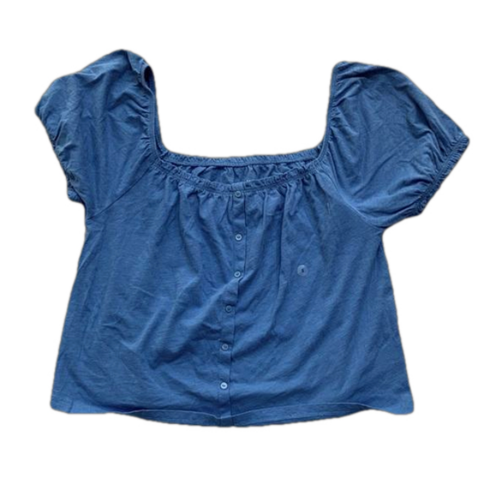 New American Eagle AEO Blue Puff Sleeve Cropped Peasant Square Neck Blouse Top S